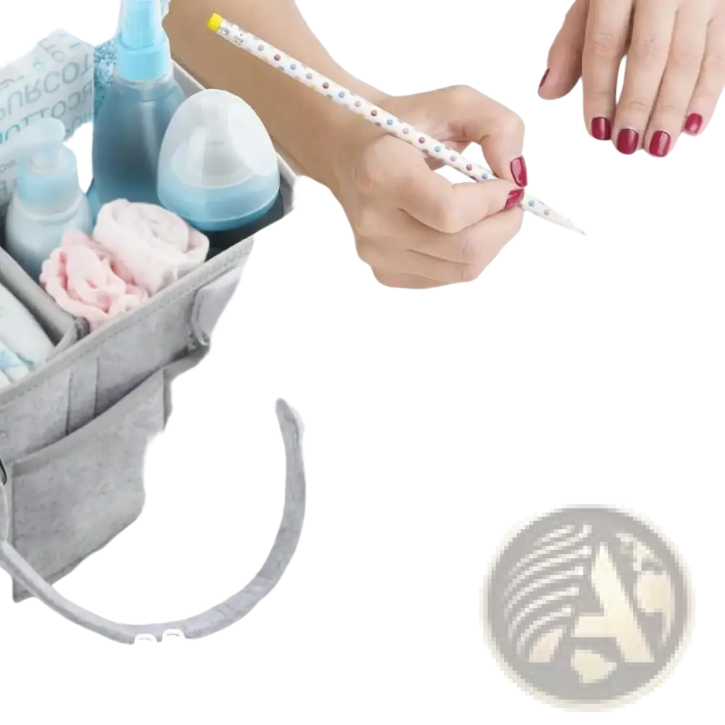 Gray felt diaper caddy organizer tote with multiple compartments and a carrying handle for easy storage and transport