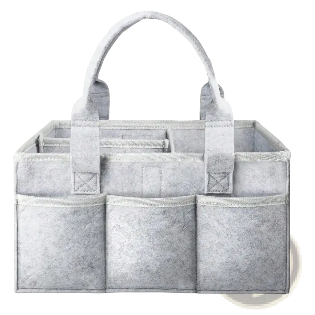 Gray felt diaper caddy organizer tote with multiple compartments and sturdy handles for efficient storage