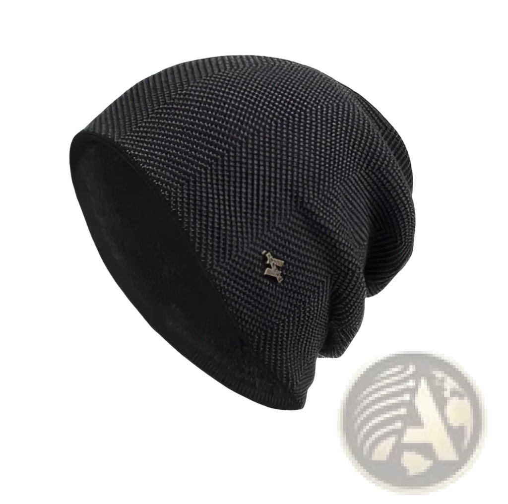 Black knitted beanie with subtle herringbone pattern and small metallic star emblem gray fleece lined knit beanie