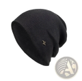 Black knitted beanie with subtle herringbone pattern and small metallic star emblem gray fleece lined knit beanie