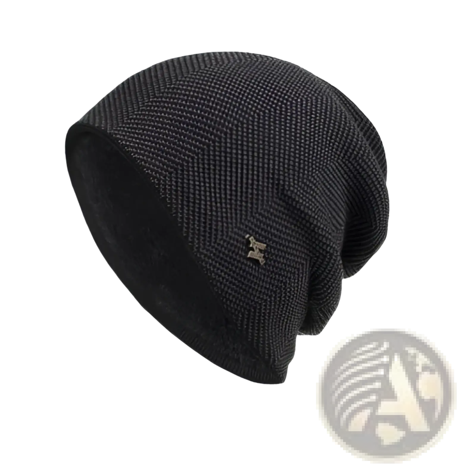 Black knitted beanie with subtle herringbone pattern and small metallic star emblem gray fleece lined knit beanie
