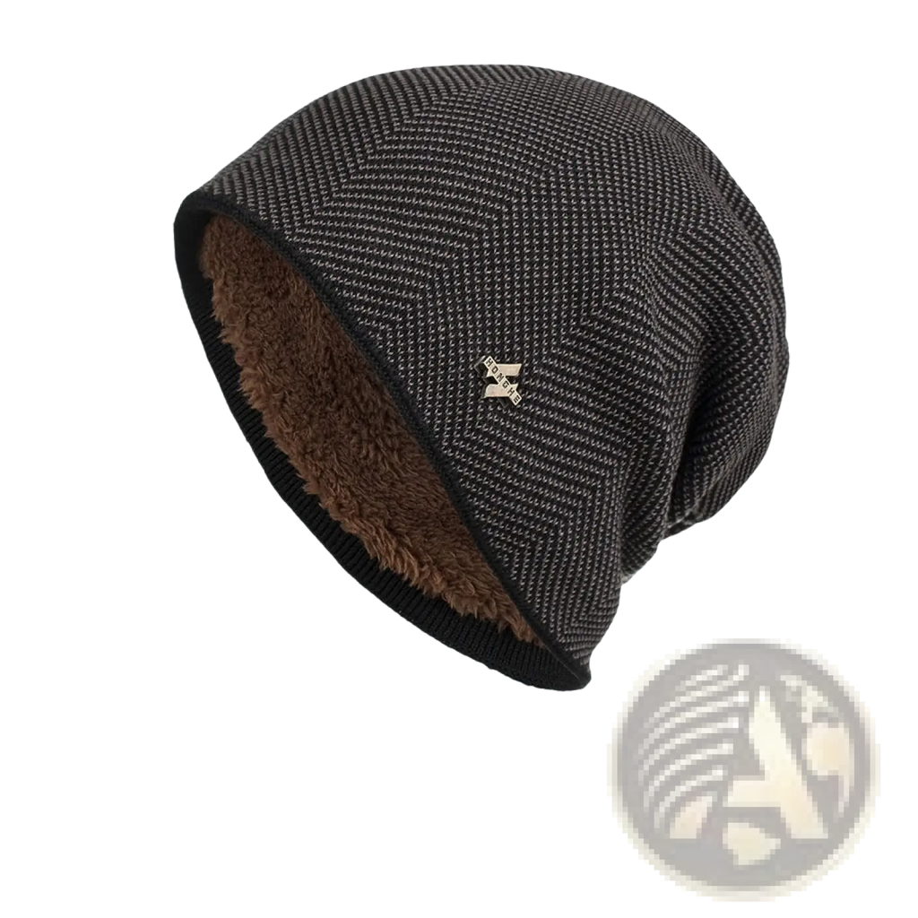 Black textured knit beanie with brown fleece lining and metallic logo on the side for warmth and style