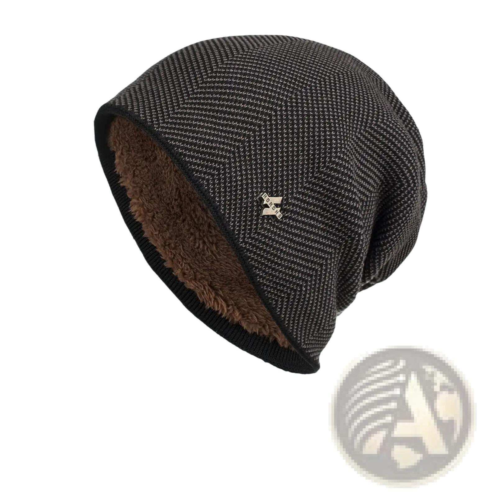 Black textured knit beanie with brown fleece lining and metallic logo on the side for warmth and style