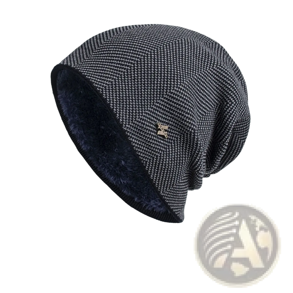Gray fleece lined knit beanie in dark gray herringbone pattern with plush navy fleece lining and metallic logo on front