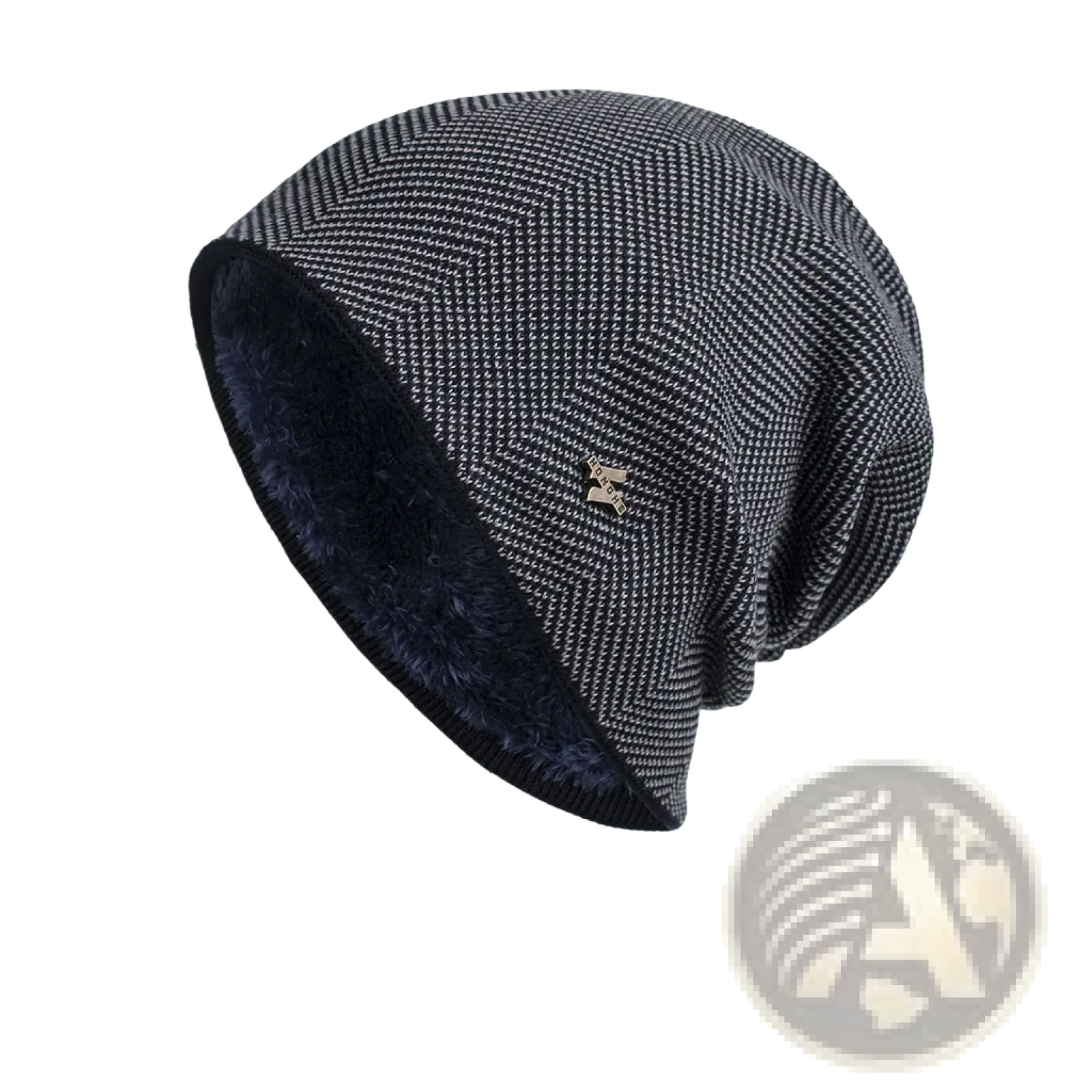 Gray fleece lined knit beanie in dark gray herringbone pattern with plush navy fleece lining and metallic logo on front