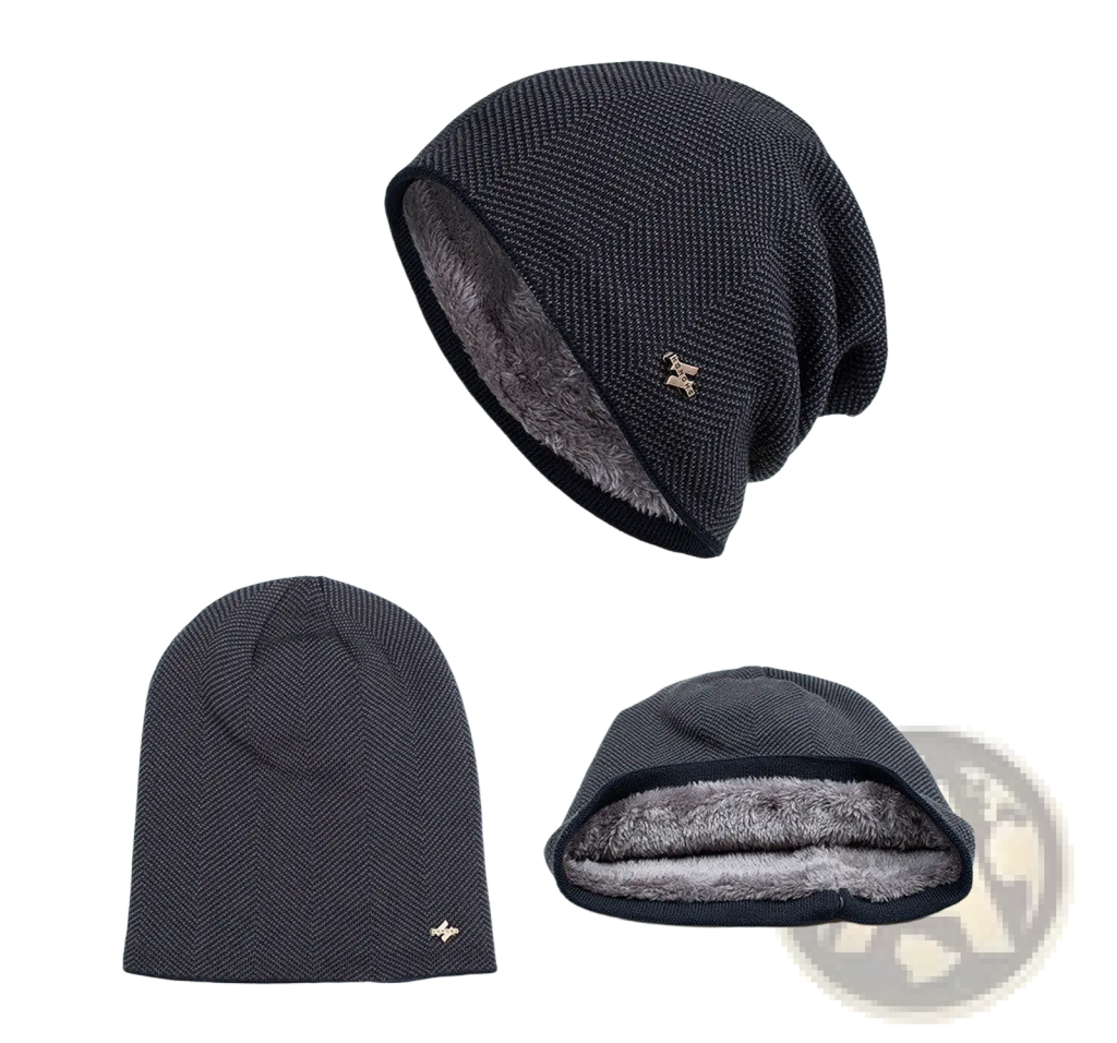 Dark gray herringbone knit beanie with soft fleece lining and small metallic logo on the side
