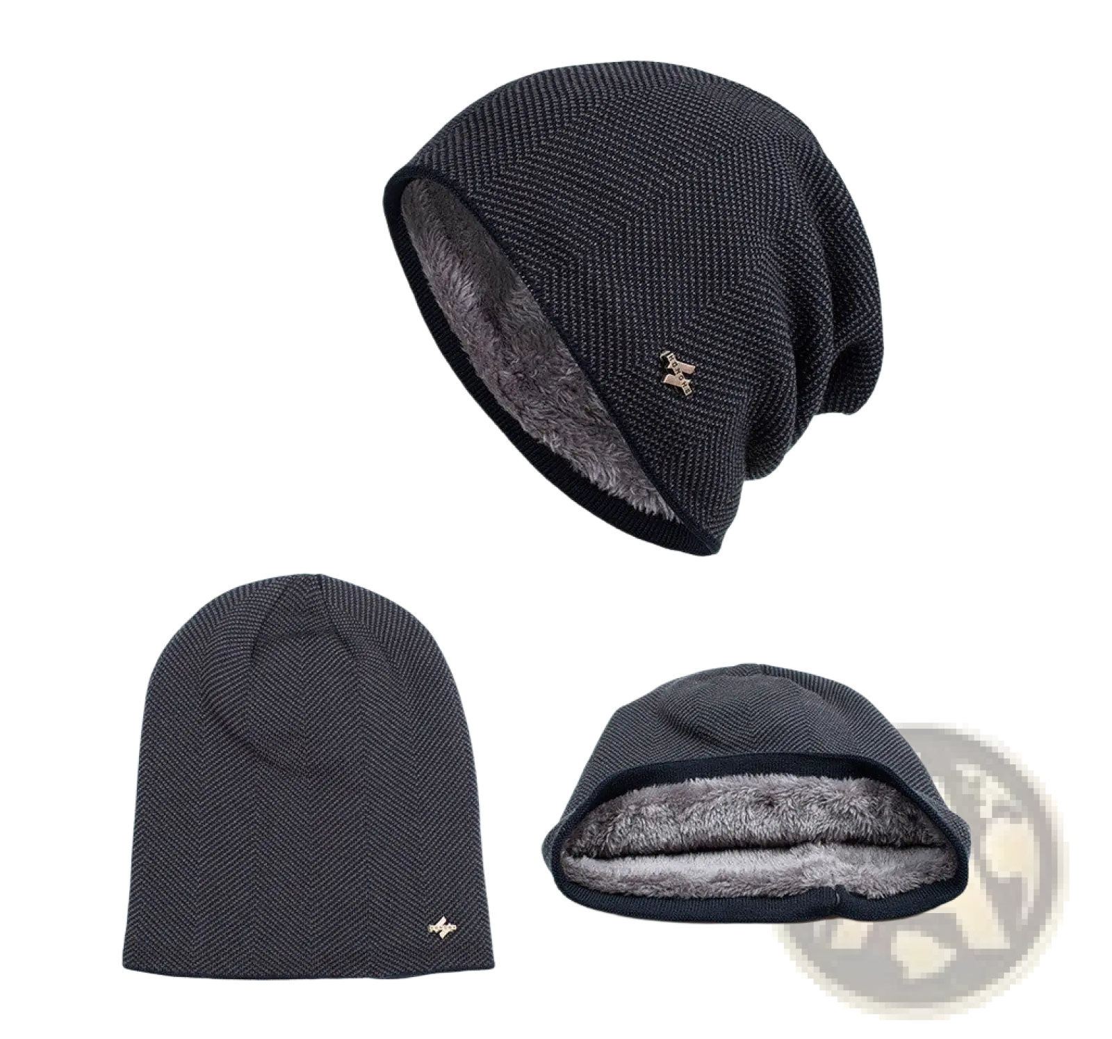 Dark gray herringbone knit beanie with soft fleece lining and small metallic logo on the side