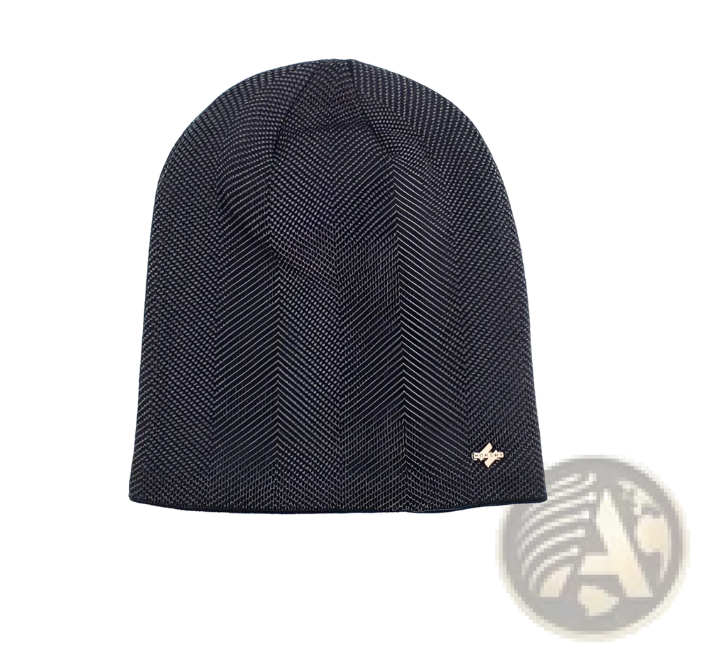 Gray fleece lined knit beanie in dark gray herringbone with small metallic logo on the side shown from the back side