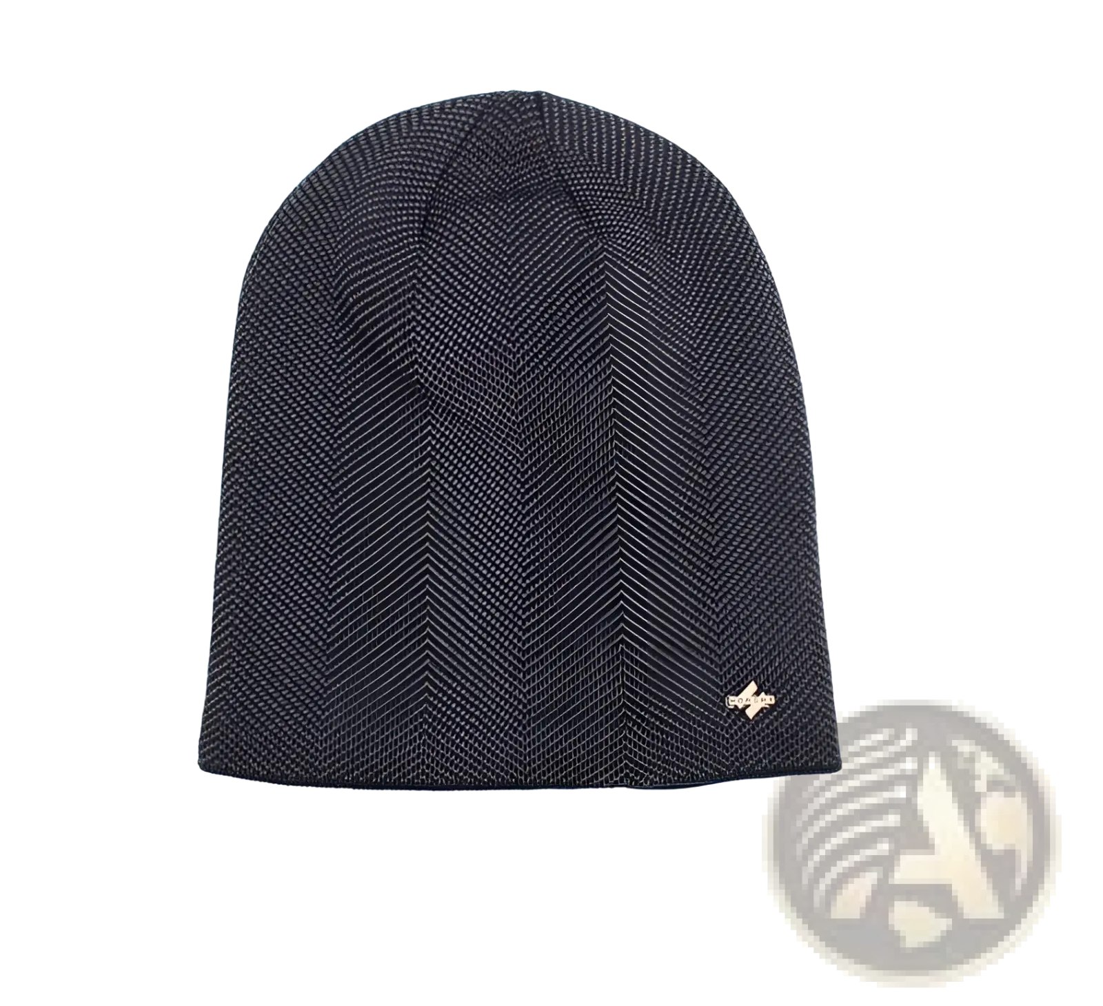 Gray fleece lined knit beanie in dark gray herringbone with small metallic logo on the side shown from the back side