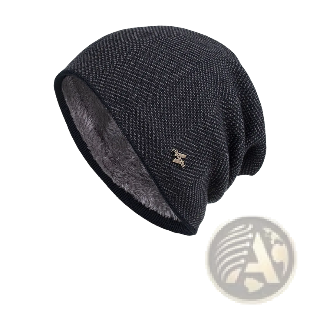 Dark gray fleece lined knit beanie with soft fuzzy interior and small metallic logo on the side