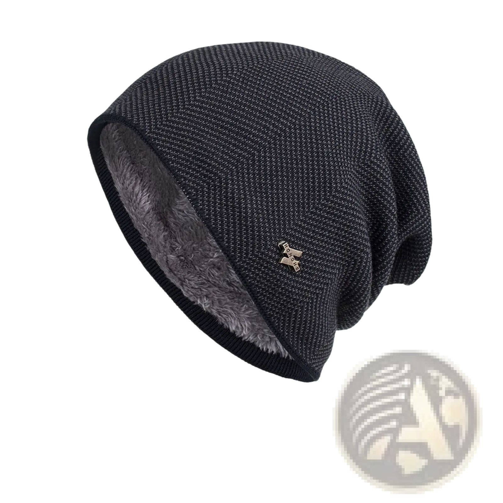 Dark gray fleece lined knit beanie with soft fuzzy interior and small metallic logo on the side