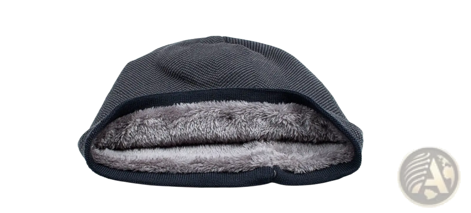Dark gray knit beanie with plush lighter gray fleece lining and metallic logo for warmth and style