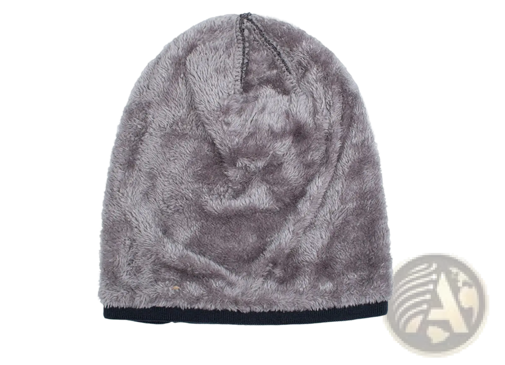 Gray fleece lined knit beanie with soft gray faux fur and a ribbed black band featuring a metallic logo