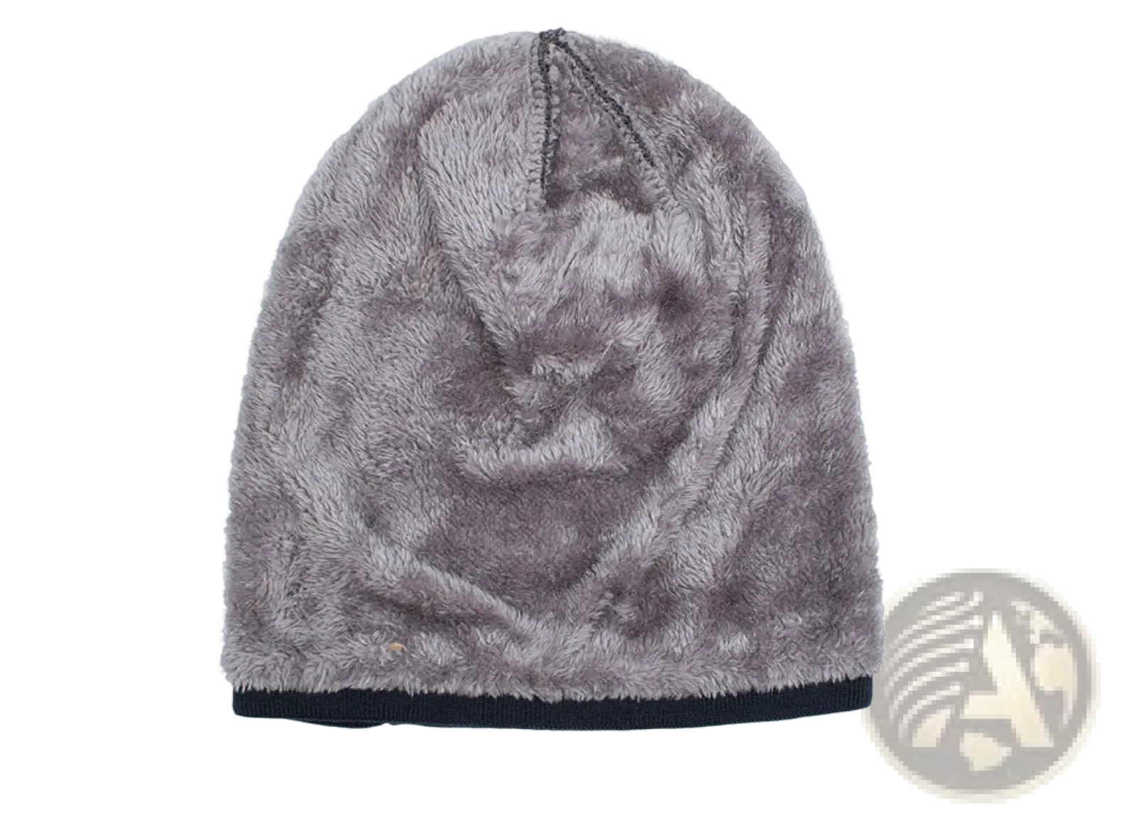 Gray fleece lined knit beanie with soft gray faux fur and a ribbed black band featuring a metallic logo