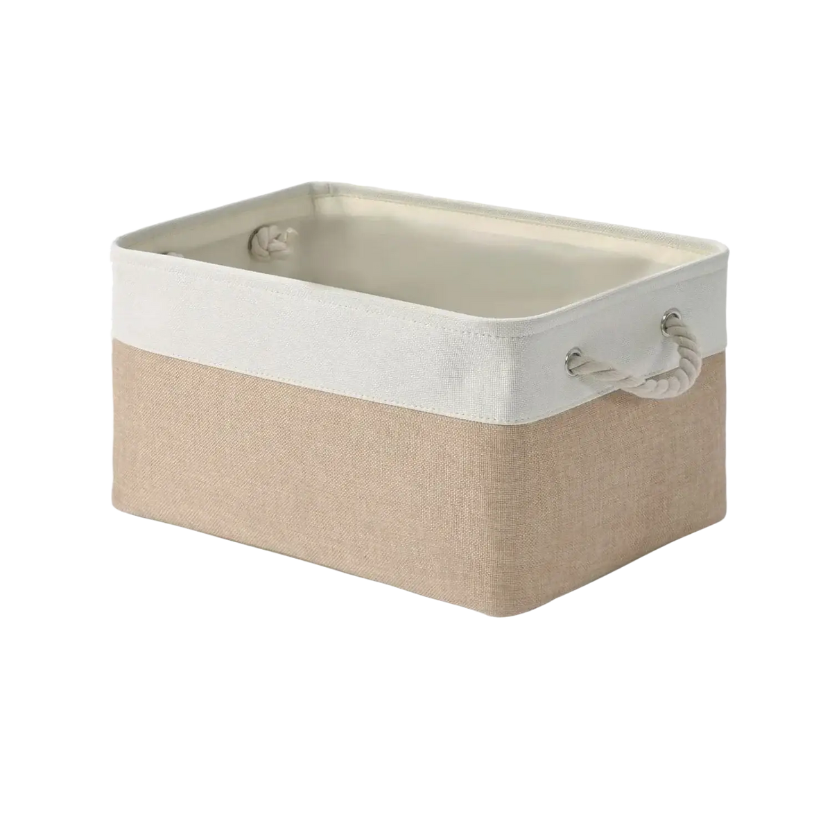 Beige and white canvas foldable storage basket with rope handles for versatile storage box use