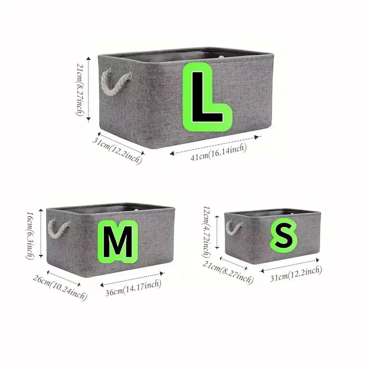 Gray foldable fabric storage basket with rope handles and size indicators for large medium and small storage box options