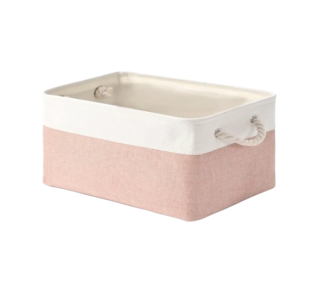 Gray foldable storage basket with handles featuring a rectangular design, soft pink lower half, white rim, and rope handles storage basket