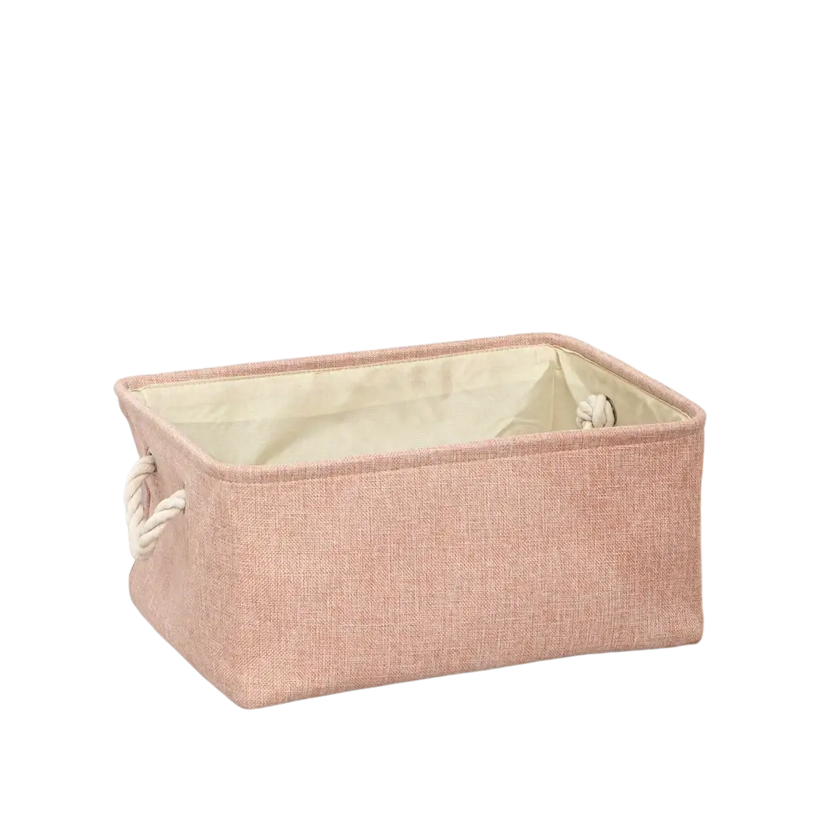 Gray foldable storage basket in soft pink woven fabric with cream rope handles and matching interior lining storage box