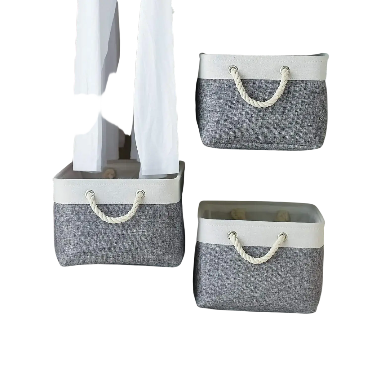 Gray foldable fabric storage basket with white accents and braided rope handles for versatile storage box use