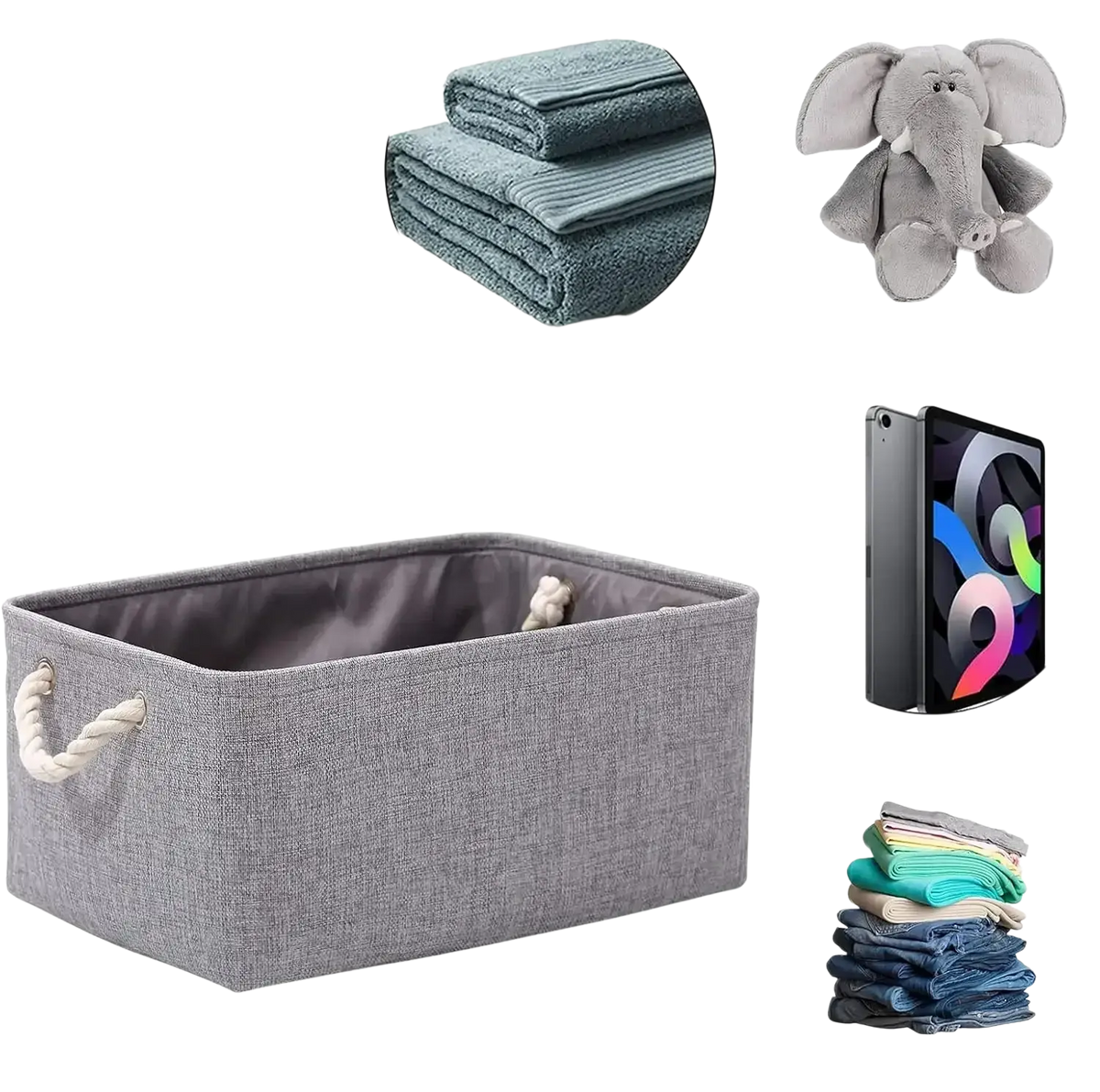Gray woven fabric storage basket with rope handles foldable storage box ideal for organized storage solutions