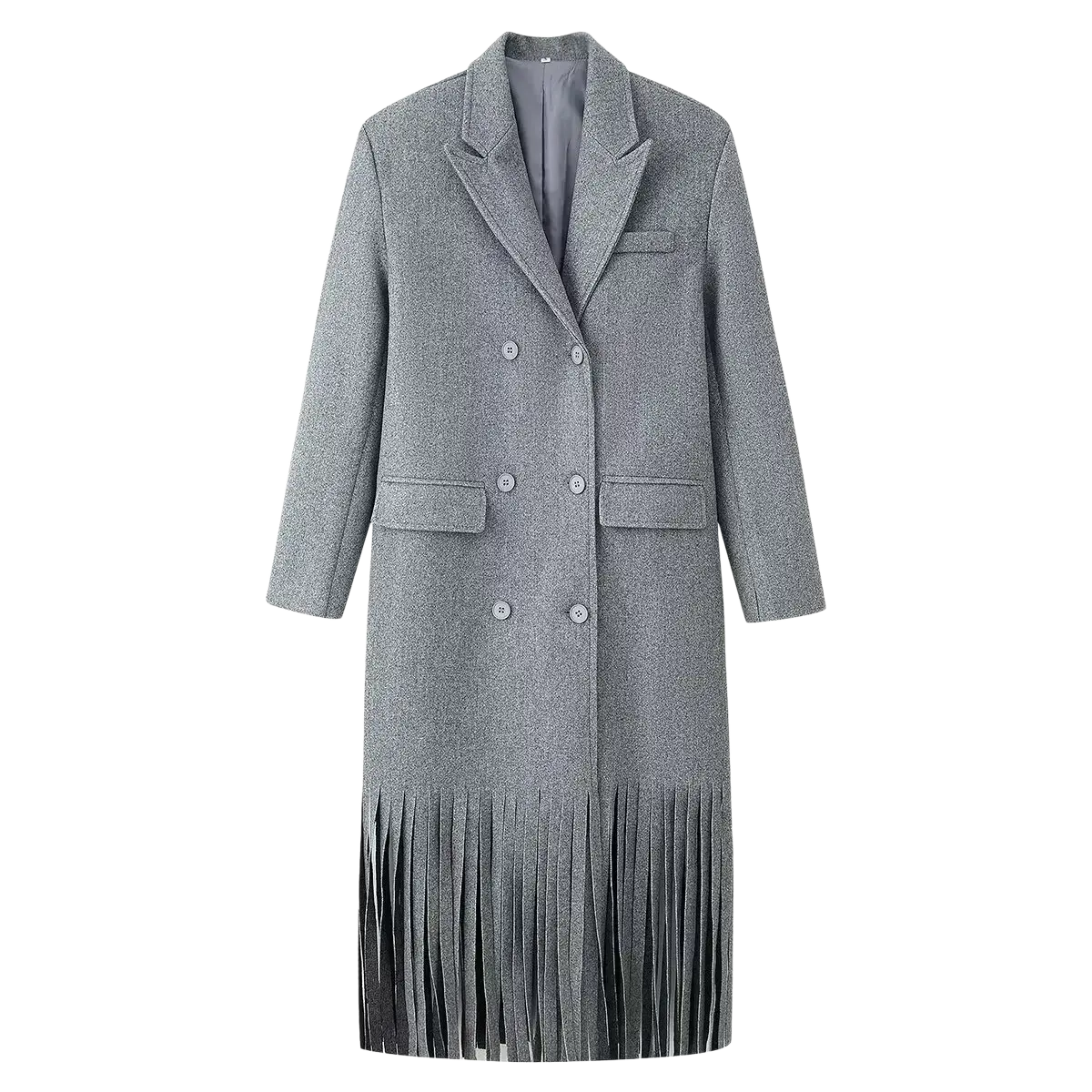 Gray fringed wool double-breasted coat with textured fabric and black fringe detailing at the hem displayed from the back