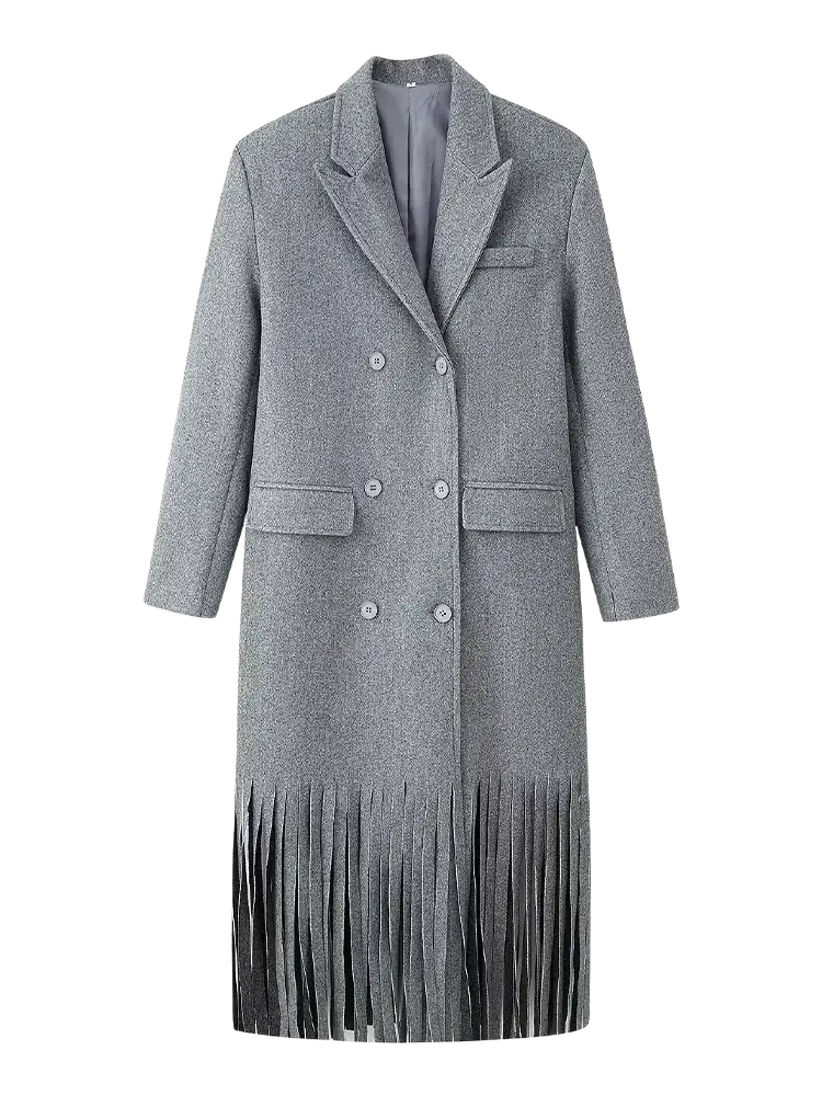 Gray fringed wool double-breasted coat featuring fringe detailing at the hem for a stylish outerwear option