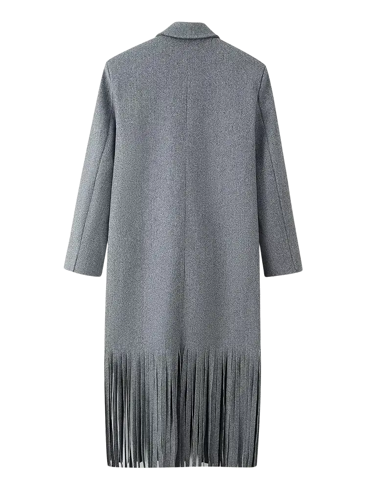 Gray double-breasted wool coat featuring a fringed hem detail for a stylish and warm outerwear option