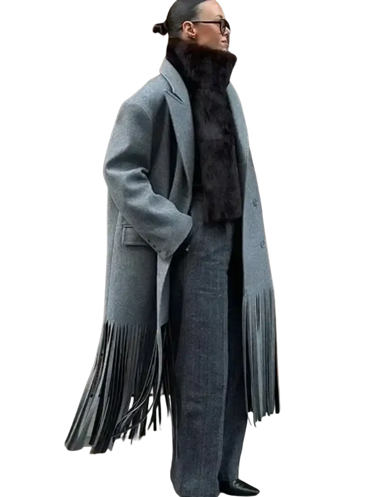 Gray fringed wool double-breasted coat featuring long fringe detailing for stylish outerwear