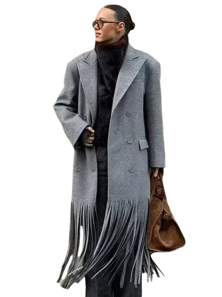 Gray fringed wool double-breasted coat featuring long fringe detailing for stylish outerwear use