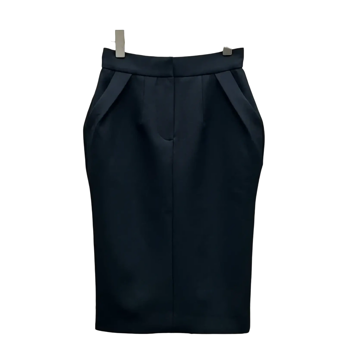Black high waisted pencil skirt with sleek tailored fit and subtle pleats at waistband for stylish office wear