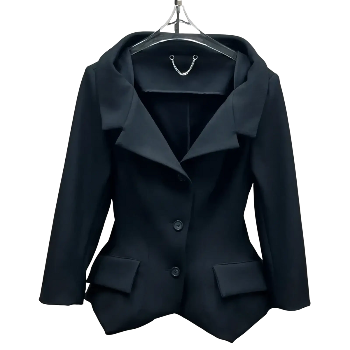 Black blazer with structured tailored fit and notched lapels paired with gray high waisted knee length pencil skirt
