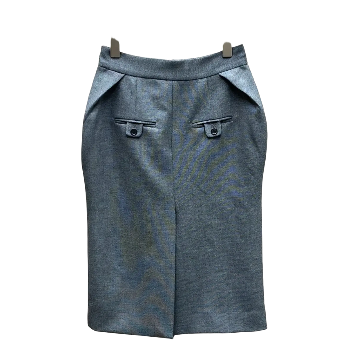 Gray high waisted knee length pencil skirt with textured fabric and front pockets accented by small buttons
