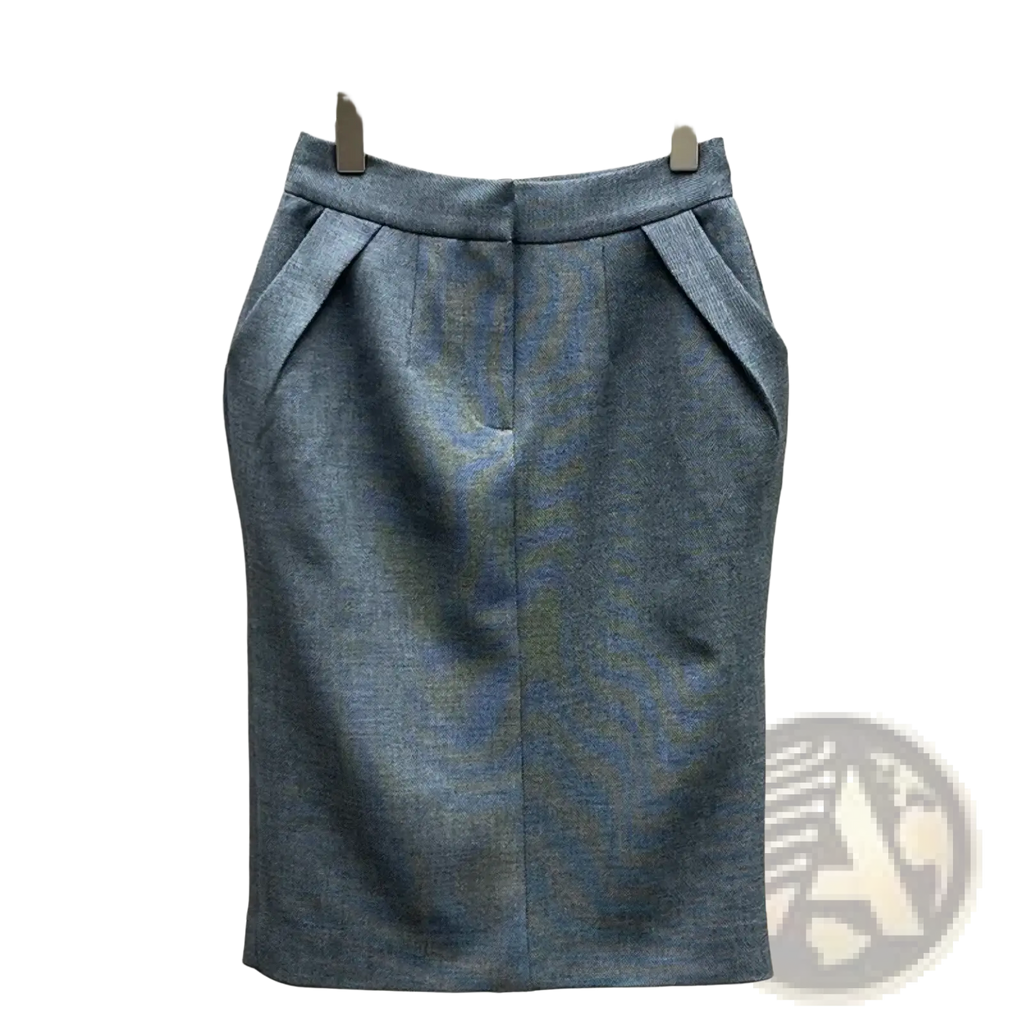 A tailored gray high waisted wool blend pencil skirt with knee length and pleated side pockets