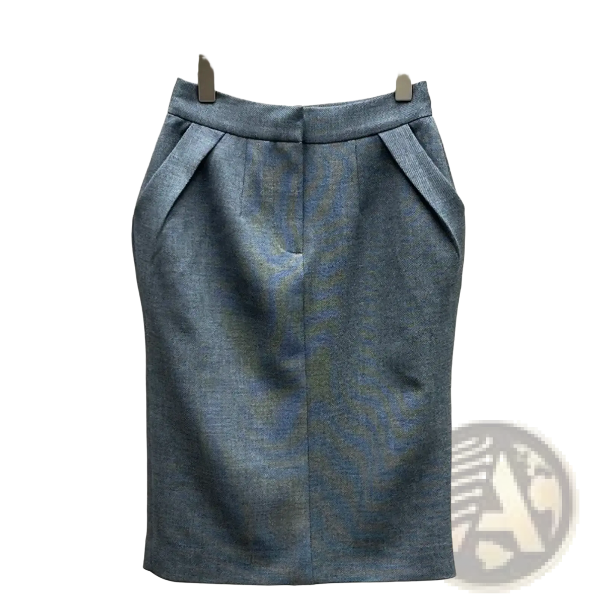 A tailored gray high waisted wool blend pencil skirt with knee length and pleated side pockets