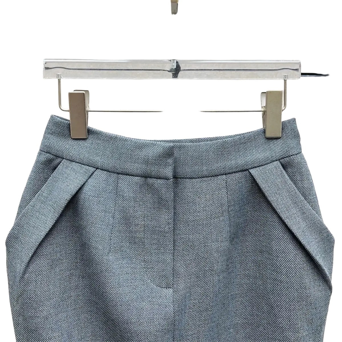 Gray high waisted pencil skirt with textured fabric and pleated front pockets in a knee length y2k style