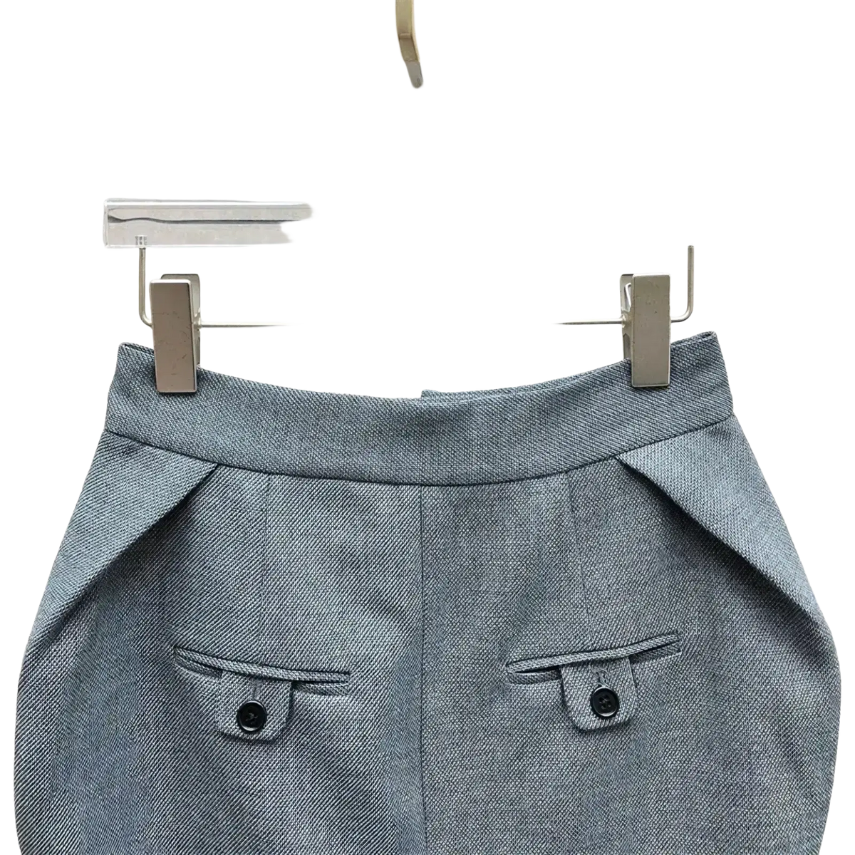 Gray high waisted pencil skirt with textured fabric and two front pockets secured by black buttons knee length y2k style