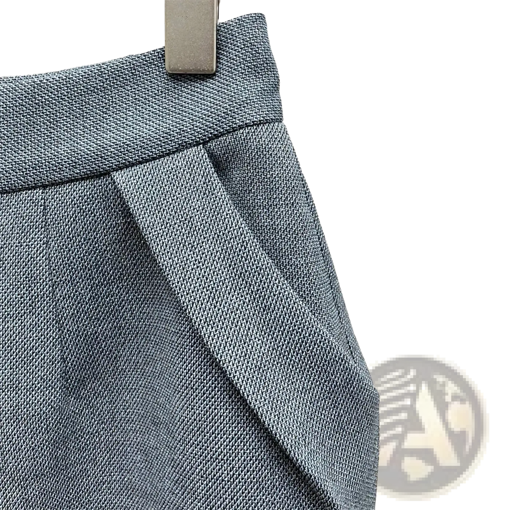 Gray high waisted pencil skirt in pleated textured fabric with structured waistband knee length y2k style