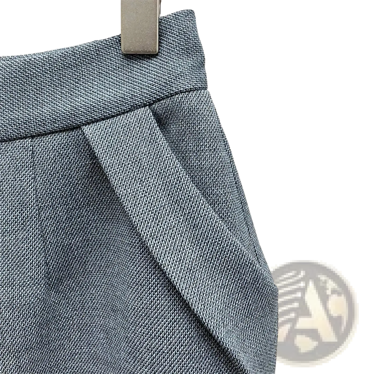 Gray high waisted pencil skirt in pleated textured fabric with structured waistband knee length y2k style