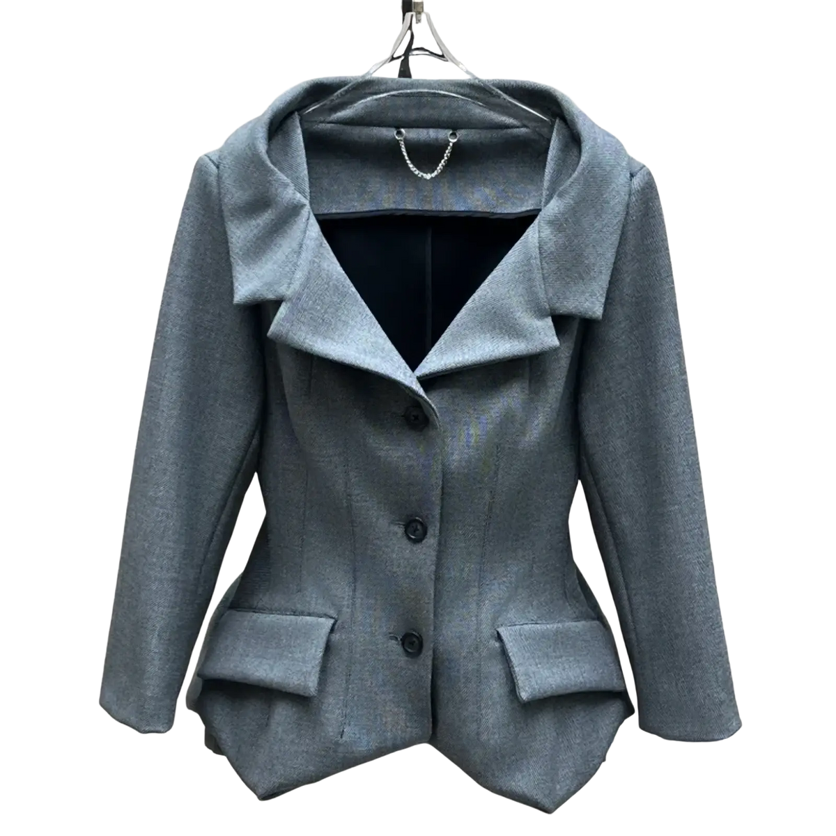 Gray textured wool blazer with notched collar black buttons and flared pockets paired with gray high waisted pencil skirt y2k knee length