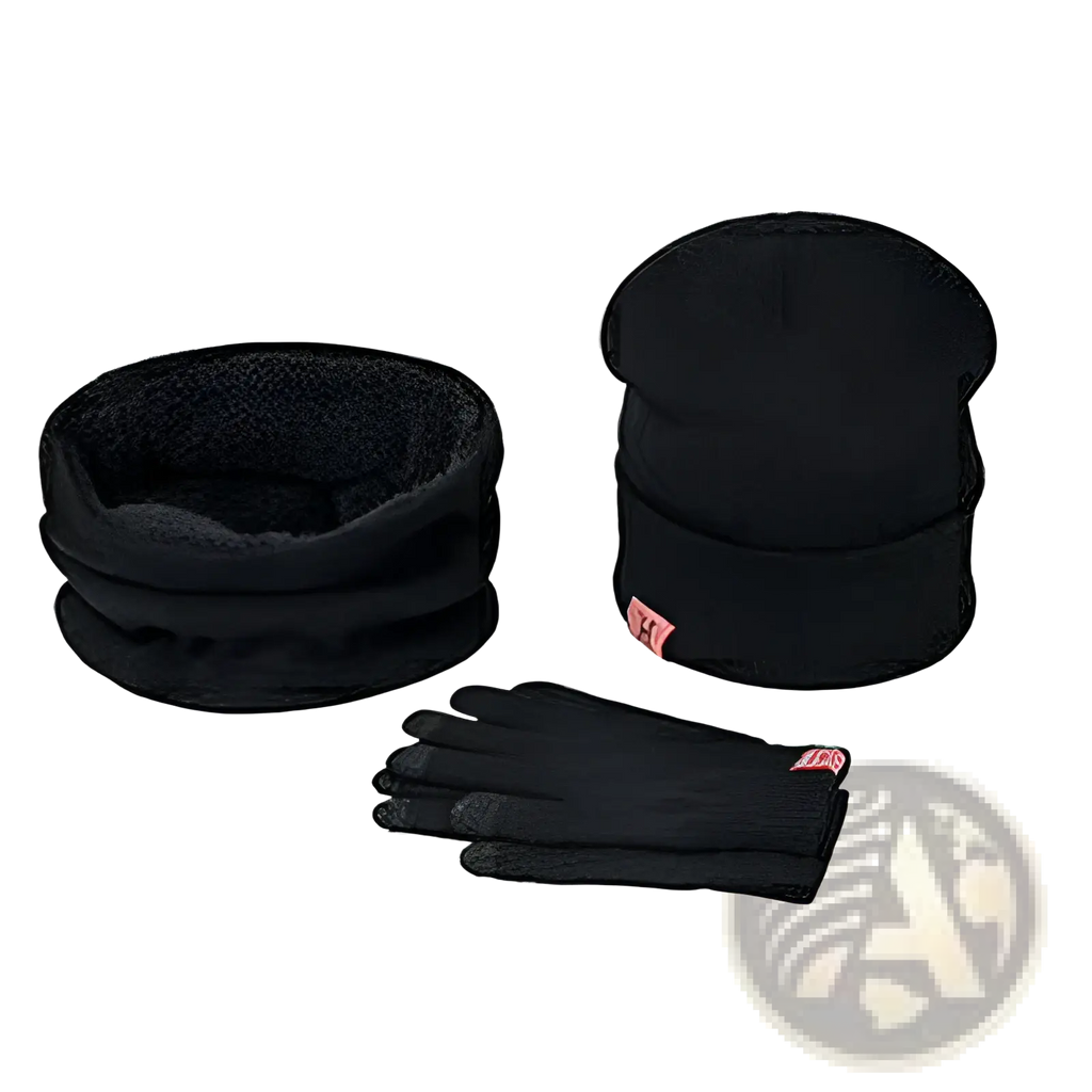 Black fleece-lined winter hat scarf and gloves set designed for warmth and comfort in cold weather