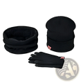 Black fleece-lined winter hat scarf and gloves set designed for warmth and comfort in cold weather