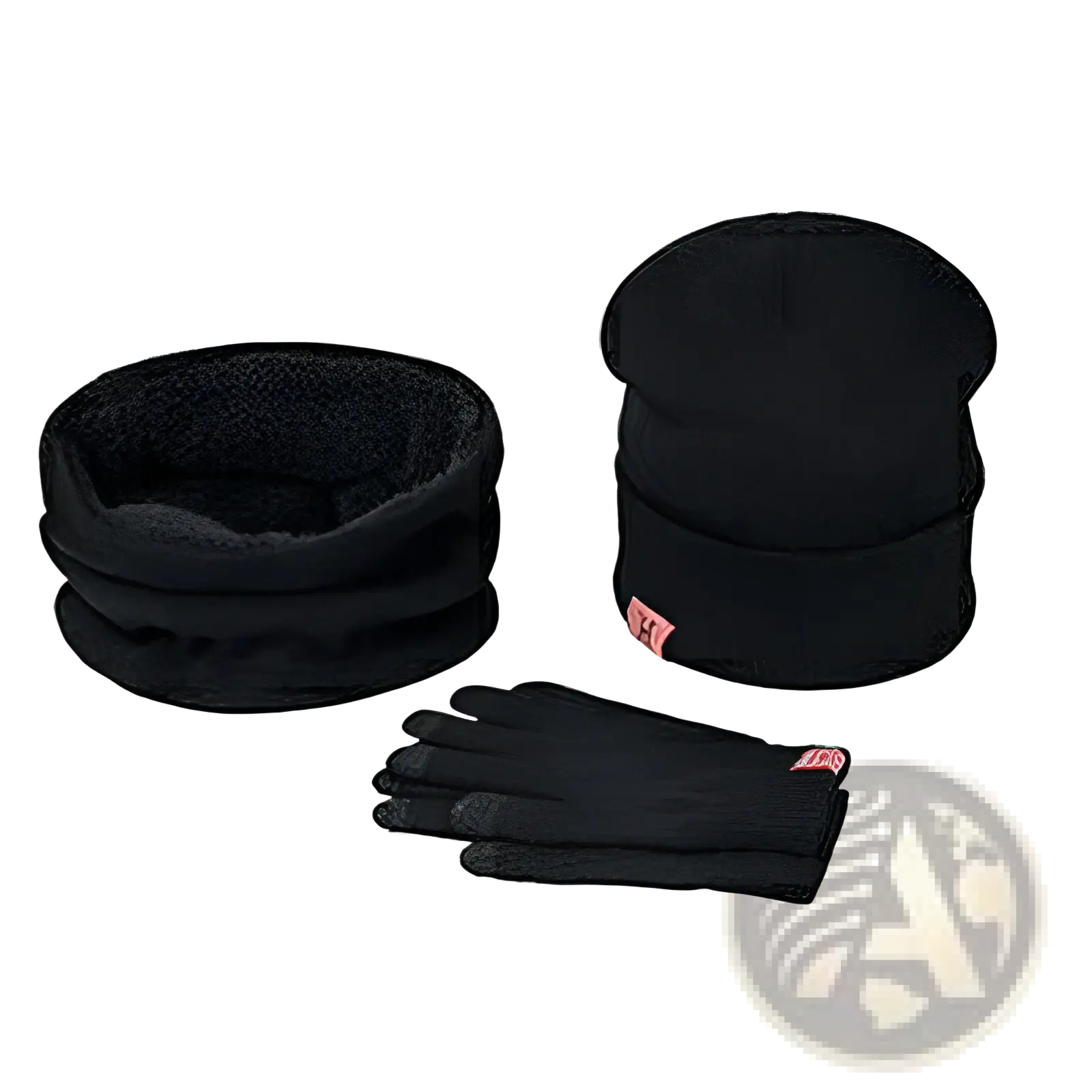 Black fleece-lined winter hat scarf and gloves set designed for warmth and comfort in cold weather