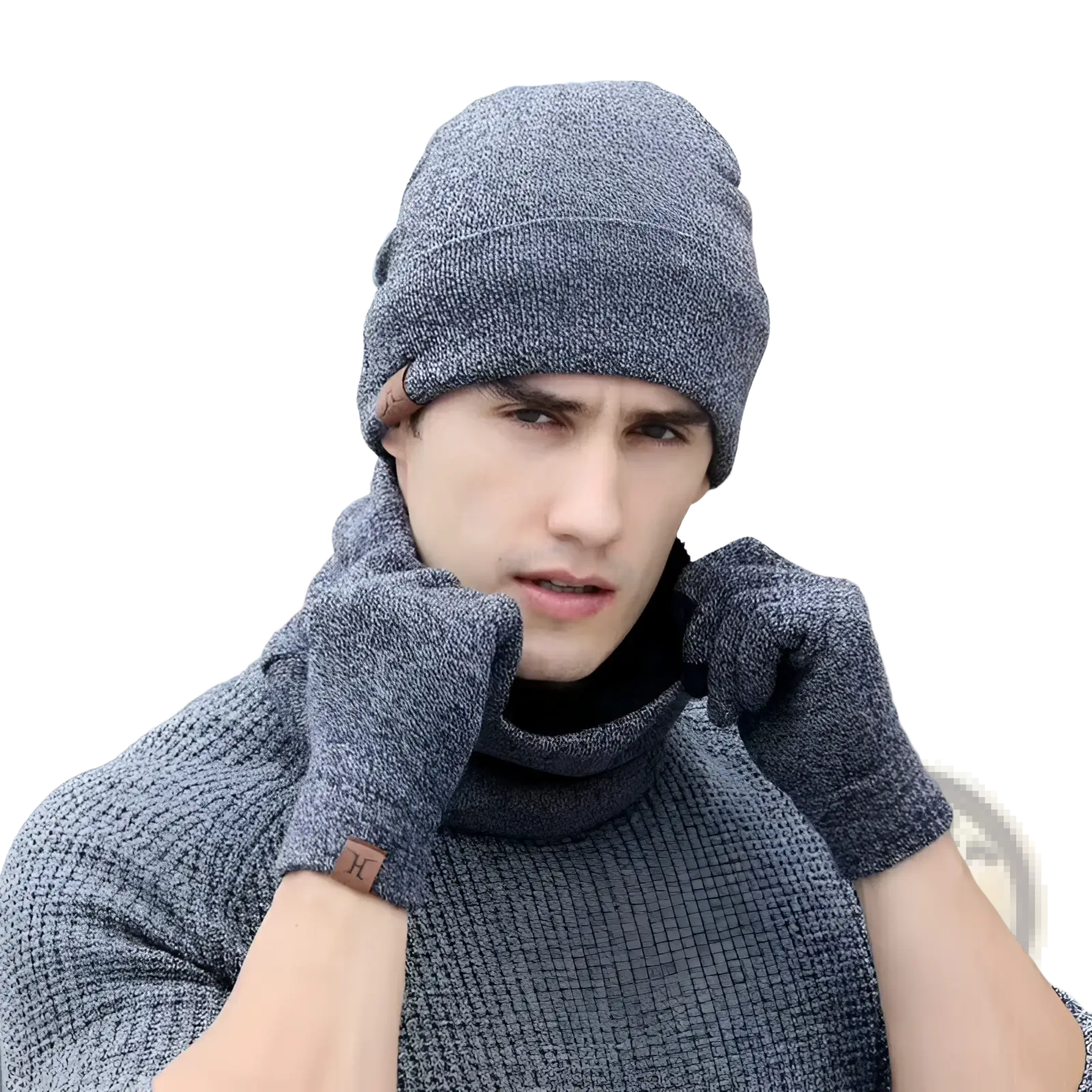 Gray knit winter hat scarf and touchscreen gloves set made of soft material for cold weather use