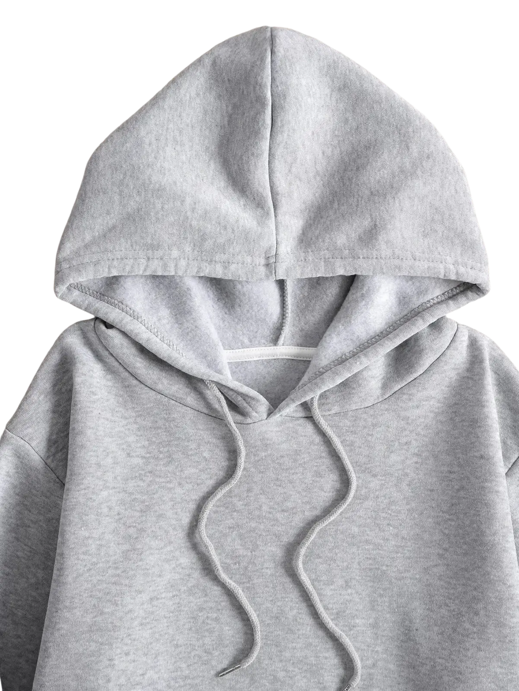 A soft heather gray pullover hoodie with matching drawstrings and ribbed neckline featuring gray lips print