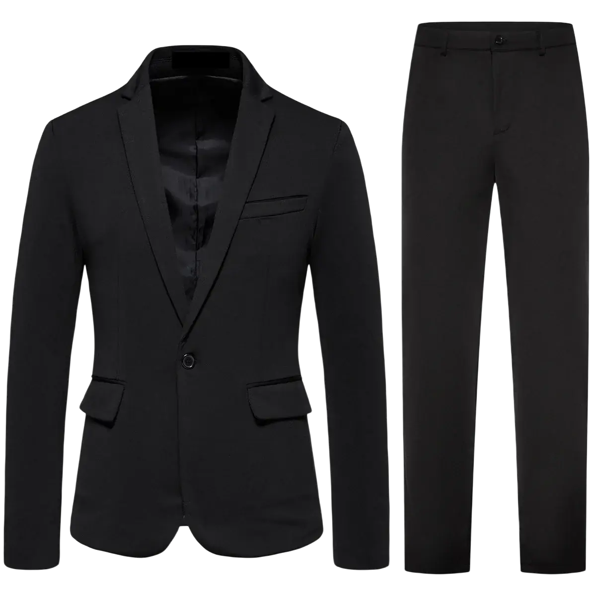 Black two-piece suit set featuring a tailored blazer and matching trousers for formal menwear