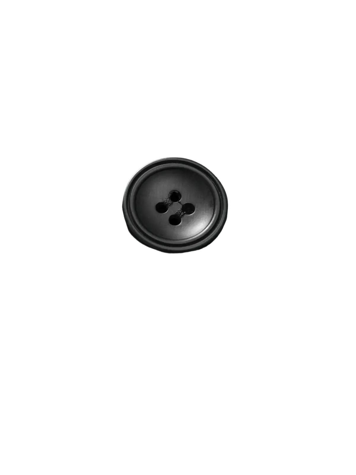 Black four-hole button on dark gray textured fabric of a gray men two-piece suit set