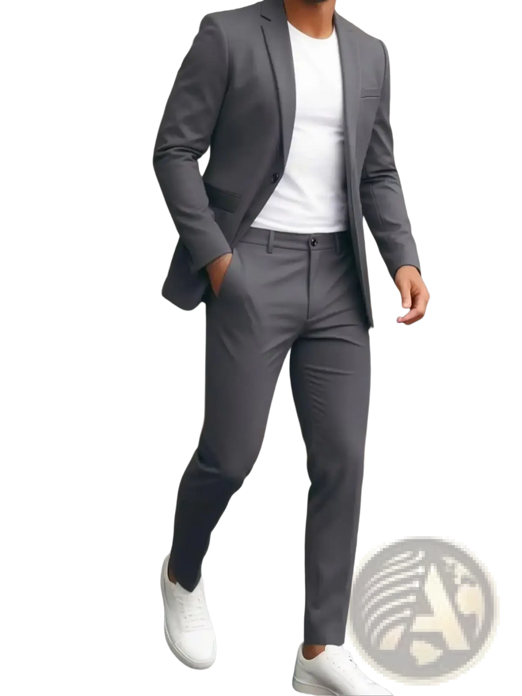 Gray men two-piece suit set featuring a sleek tailored gray suit with modern cut and subtle texture