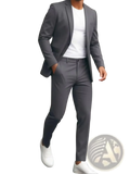 Gray men two-piece suit set featuring a sleek tailored gray suit with modern cut and subtle texture