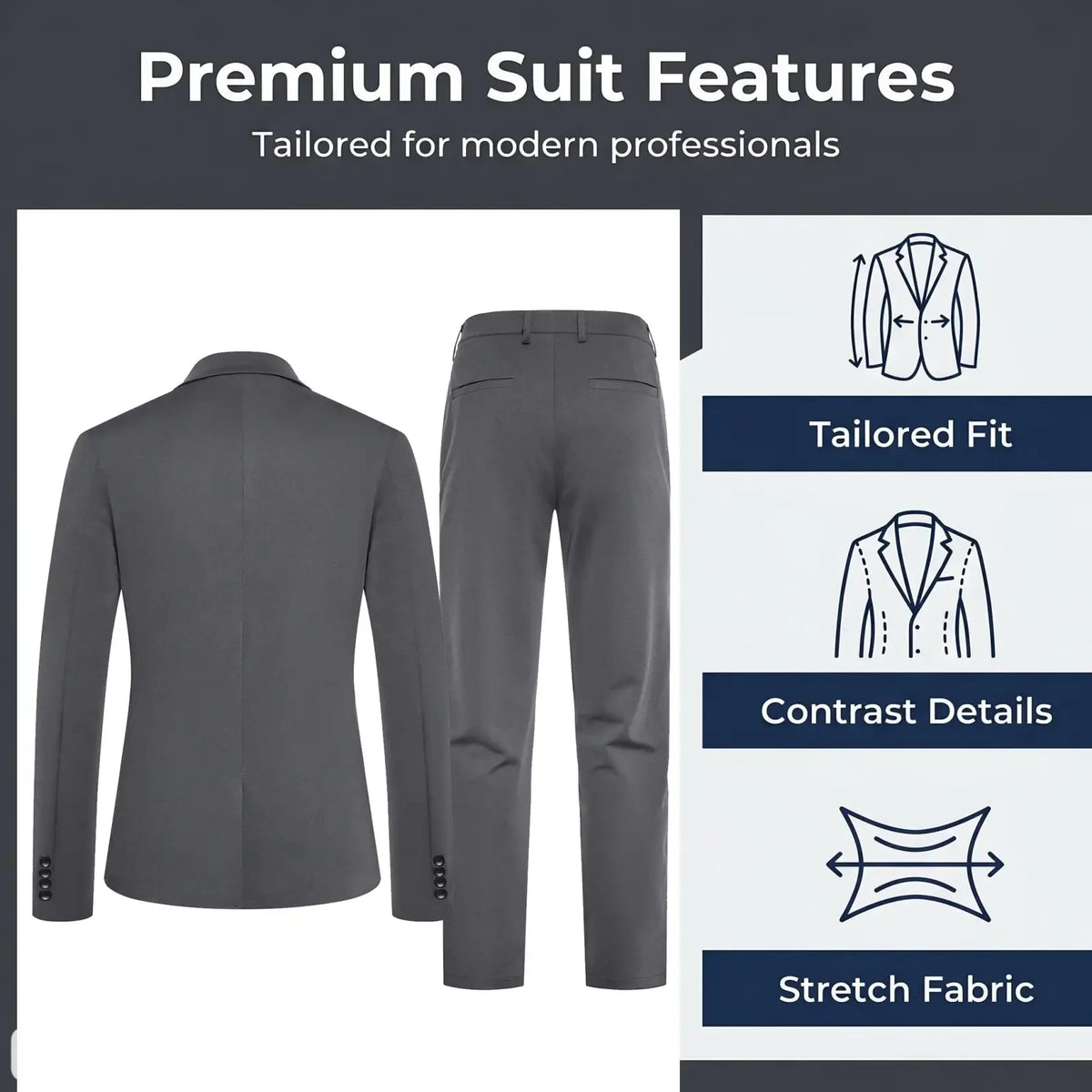 Dark gray men two-piece suit set with contrast stitching and stretch fabric tailored for a modern fit