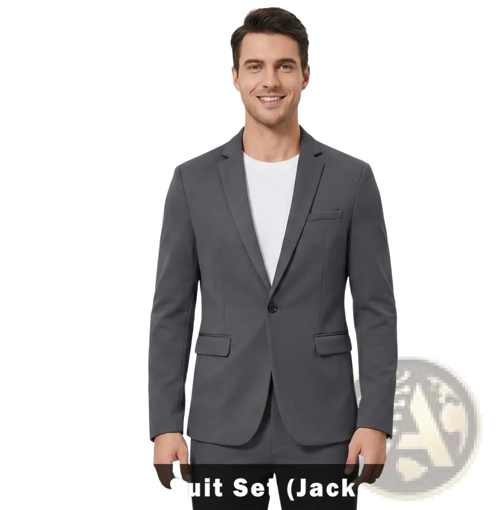 A sleek dark gray men two-piece suit jacket with single button closure and structured shoulders
